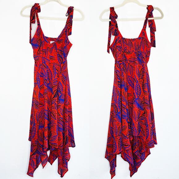 Alexis x Target Tropical Leaf Tie Shoulder Red Blue Handkerchief Midi Dress XS - Picture 3 of 16